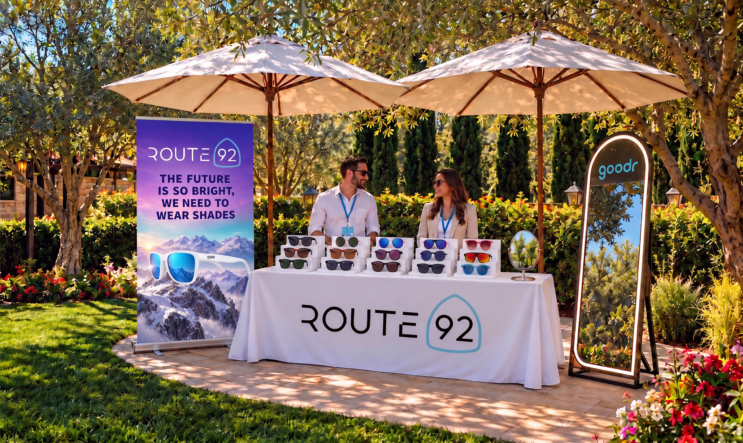 Route 92 Goodr sunglasses display in a bright outdoor garden setting