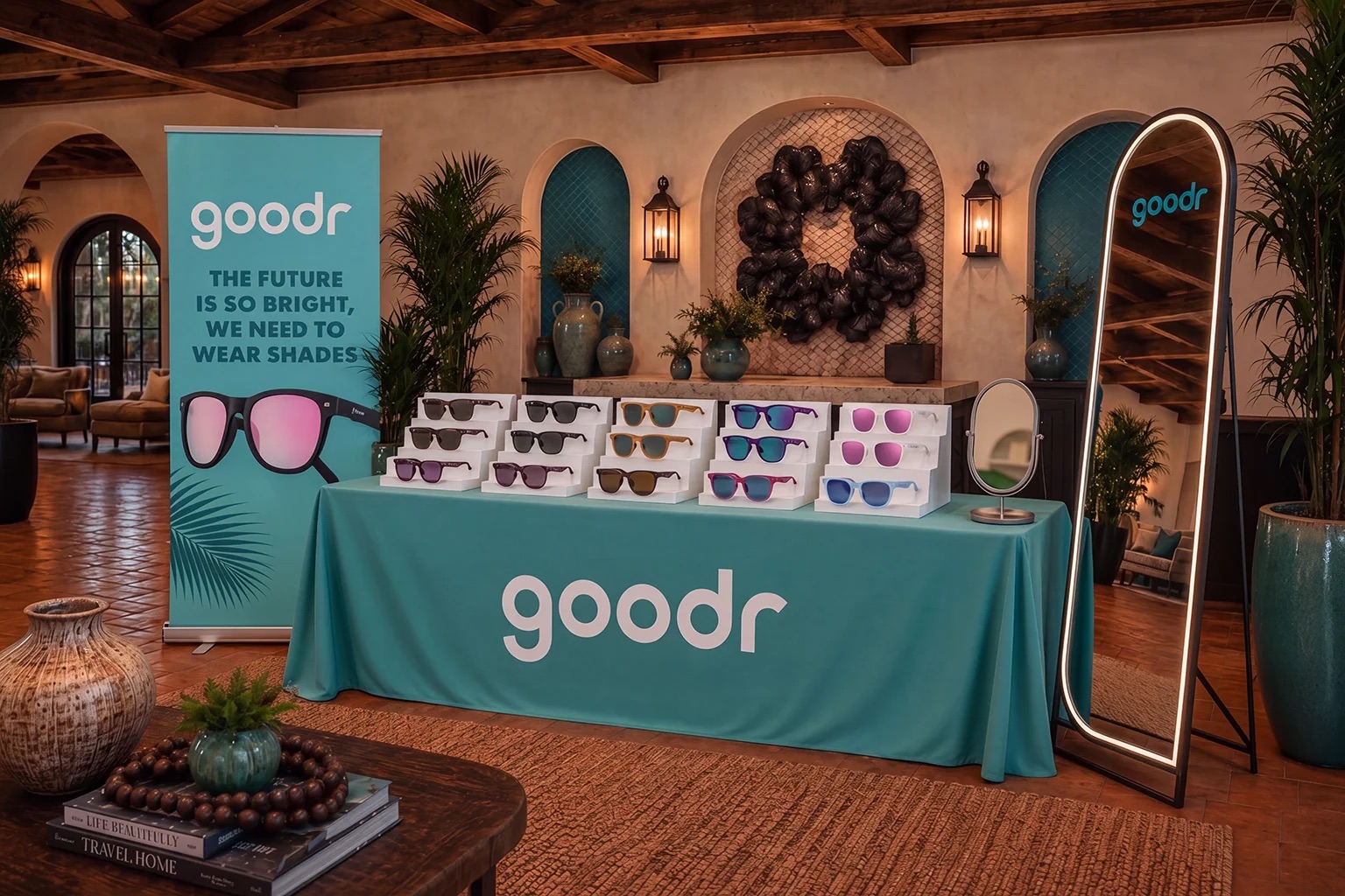 Goodr sunglasses display prepared for a Route 92 event